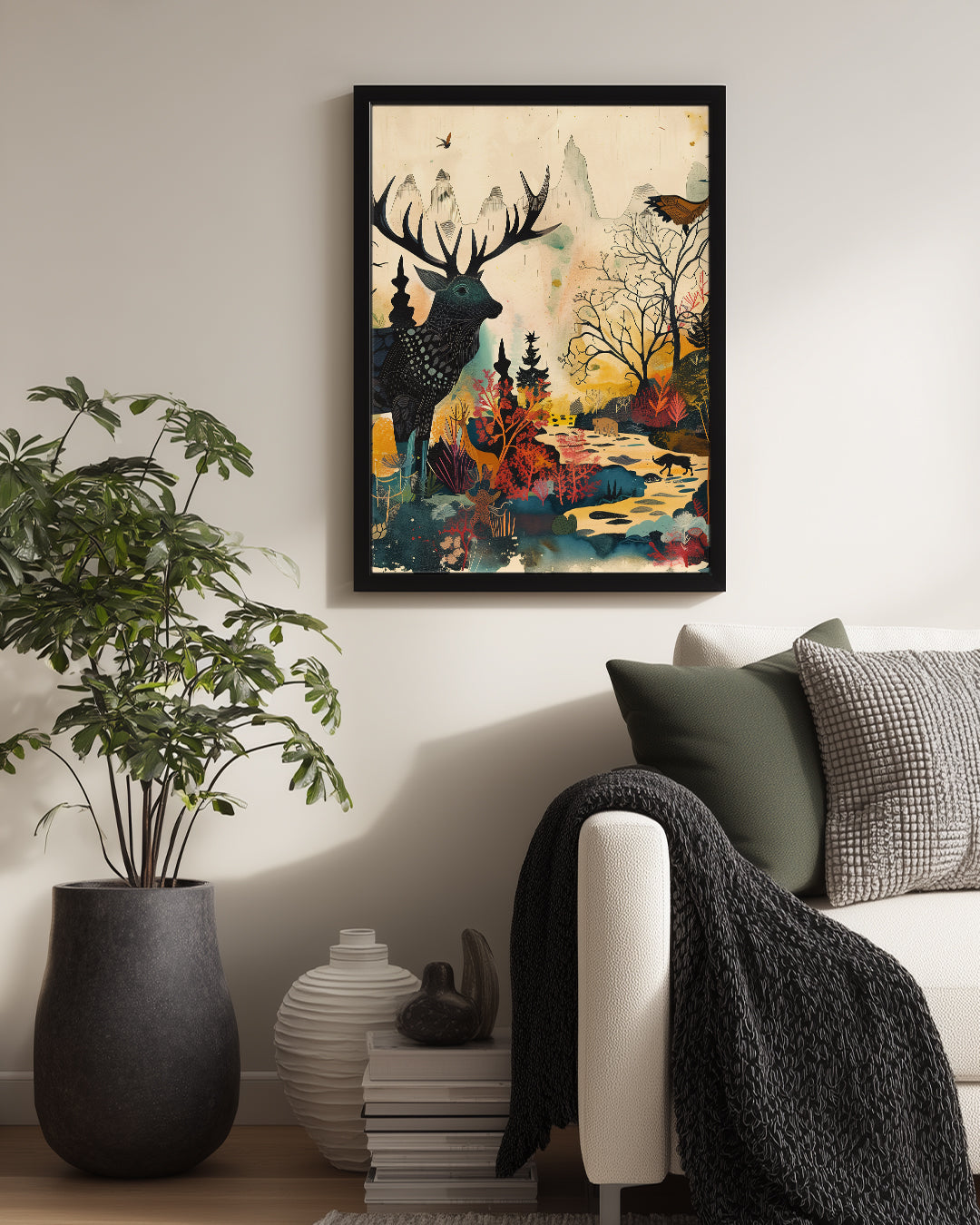 Geyik - Renkli Orman Manzarası Poster Tablosu