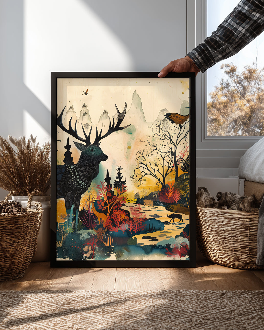 Geyik - Renkli Orman Manzarası Poster Tablosu
