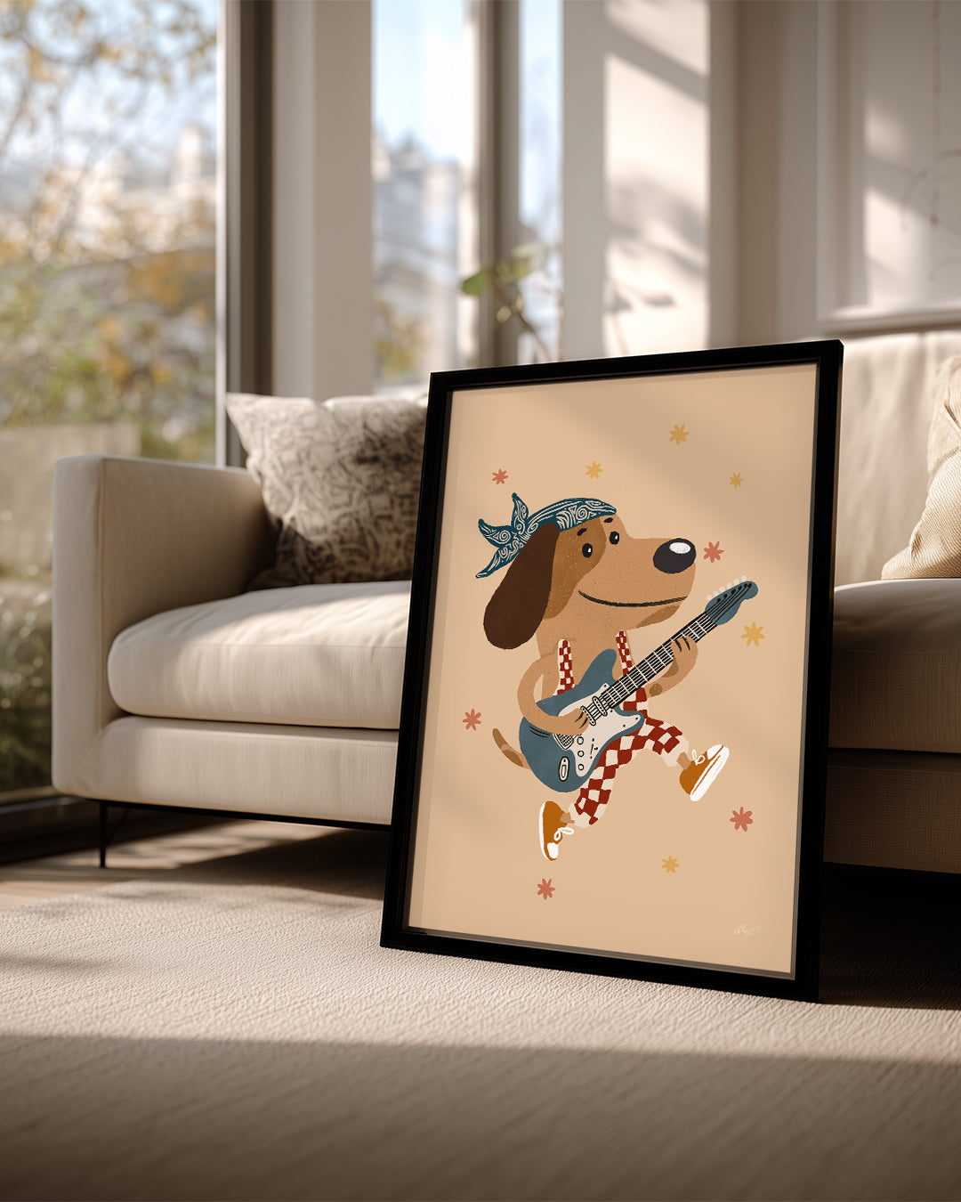 Gitar Çalan Köpek - Neşeli Müzik ve Renkli Animasyon Poster Tablosu