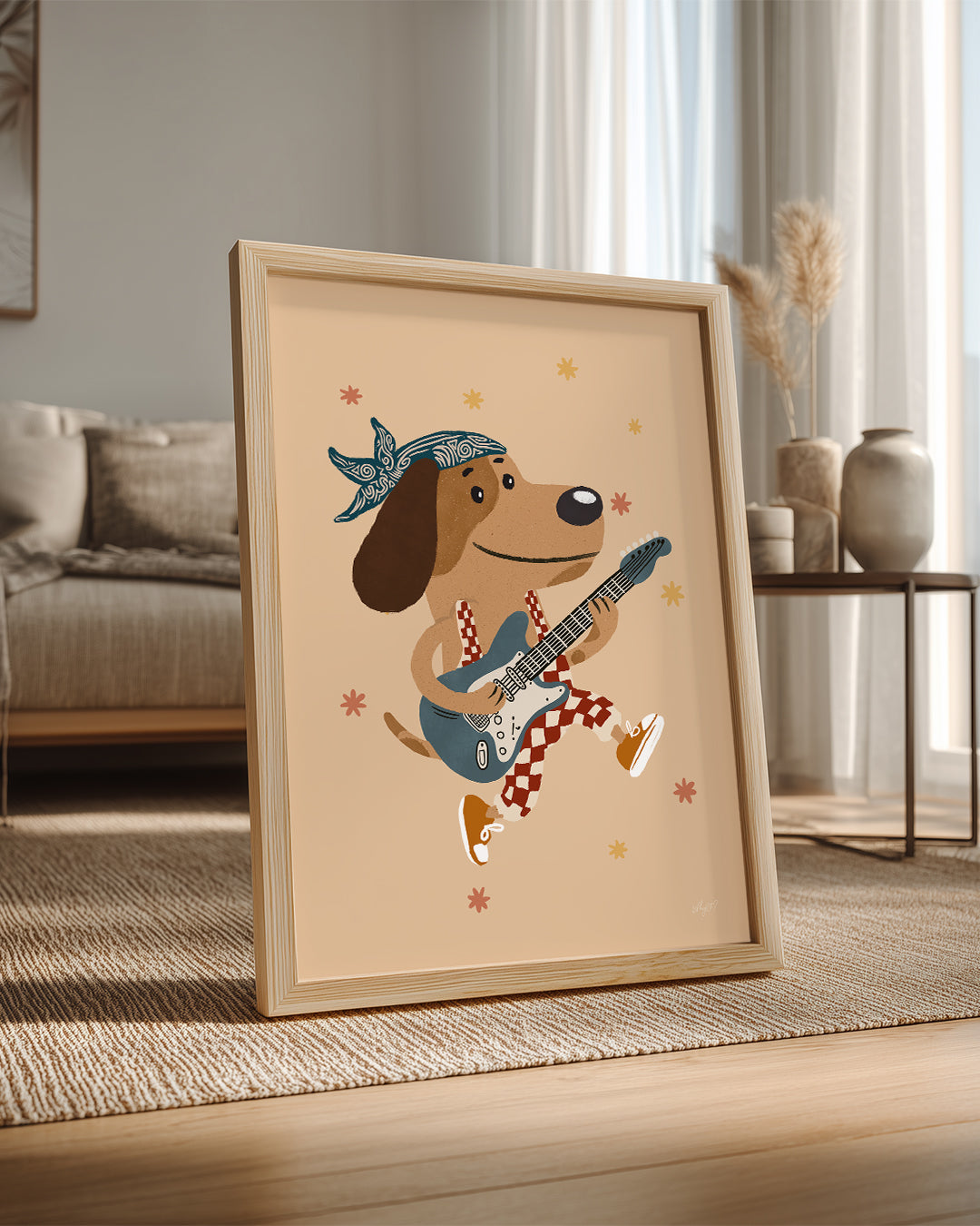 Gitar Çalan Köpek - Neşeli Müzik ve Renkli Animasyon Poster Tablosu