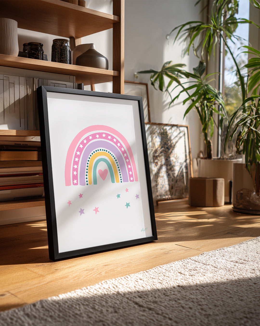 Gökkuşağı Motifi - Renkli Yıldızlar İle Süslenmiş Çizim Poster Tablosu