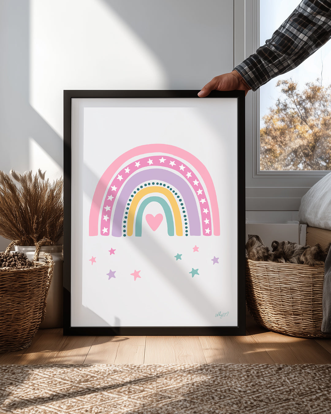 Gökkuşağı Motifi - Renkli Yıldızlar İle Süslenmiş Çizim Poster Tablosu