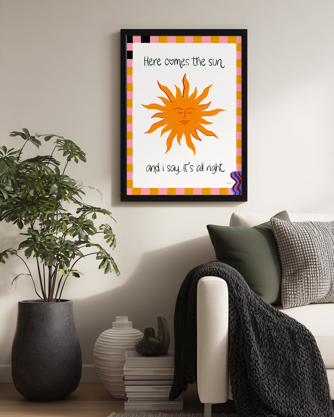 Güneşli İllüstrasyon - Neşeli Mesaj ile Parlayan Güneş Poster Tablosu