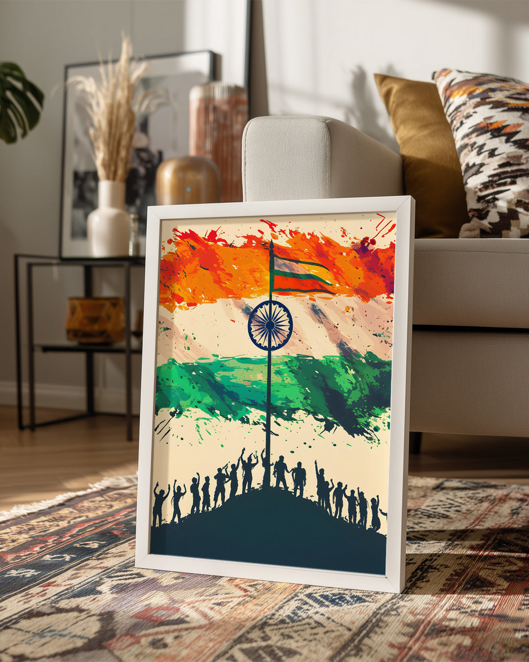Hindistan Bayrağı - Kutlayan İnsan Silüetleri Poster Tablosu