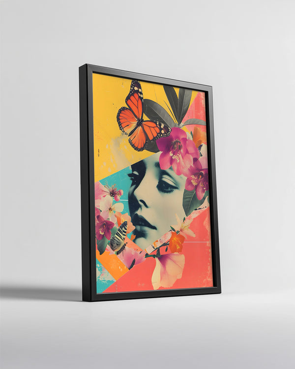 Kadın Yüzü - Renkli Çiçekler Ve Kelebeklerle Süslenmiş Sanat Eseri Poster Tablosu