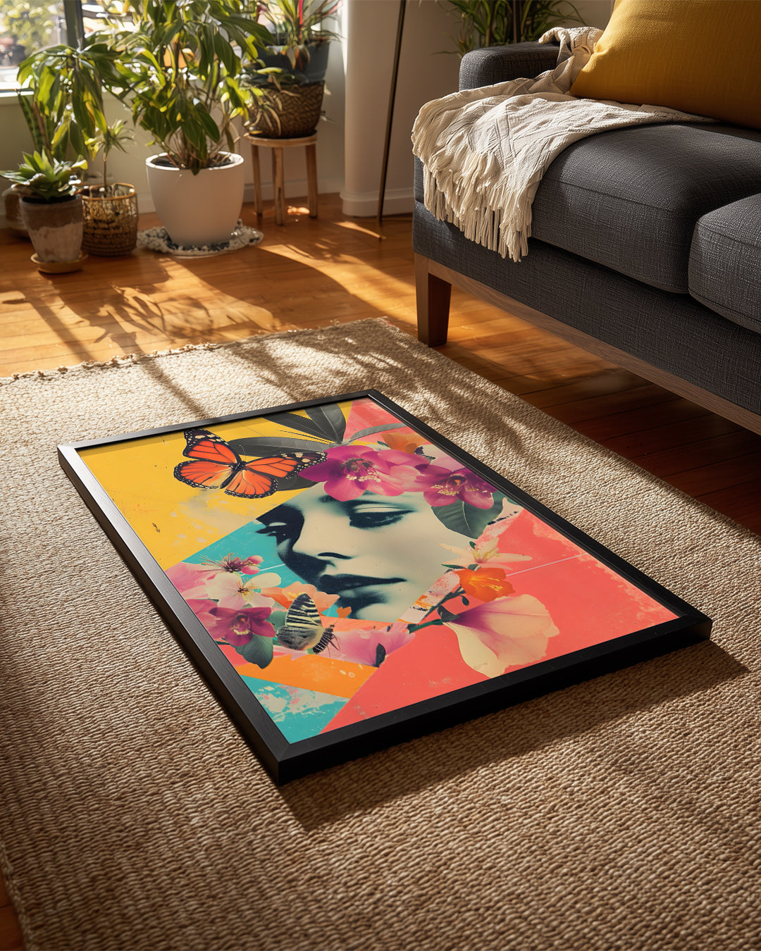 Kadın Yüzü - Renkli Çiçekler Ve Kelebeklerle Süslenmiş Sanat Eseri Poster Tablosu