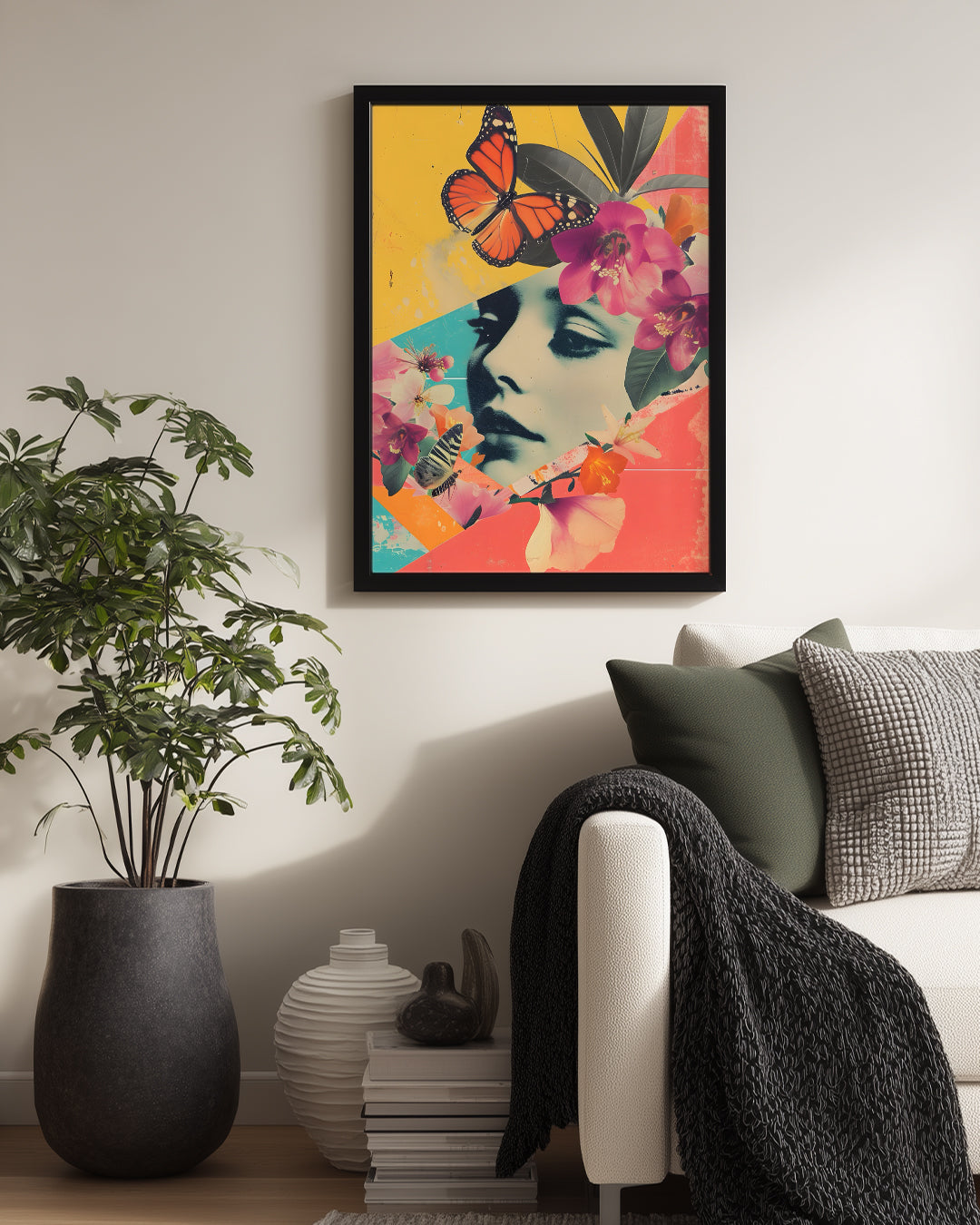 Kadın Yüzü - Renkli Çiçekler Ve Kelebeklerle Süslenmiş Sanat Eseri Poster Tablosu