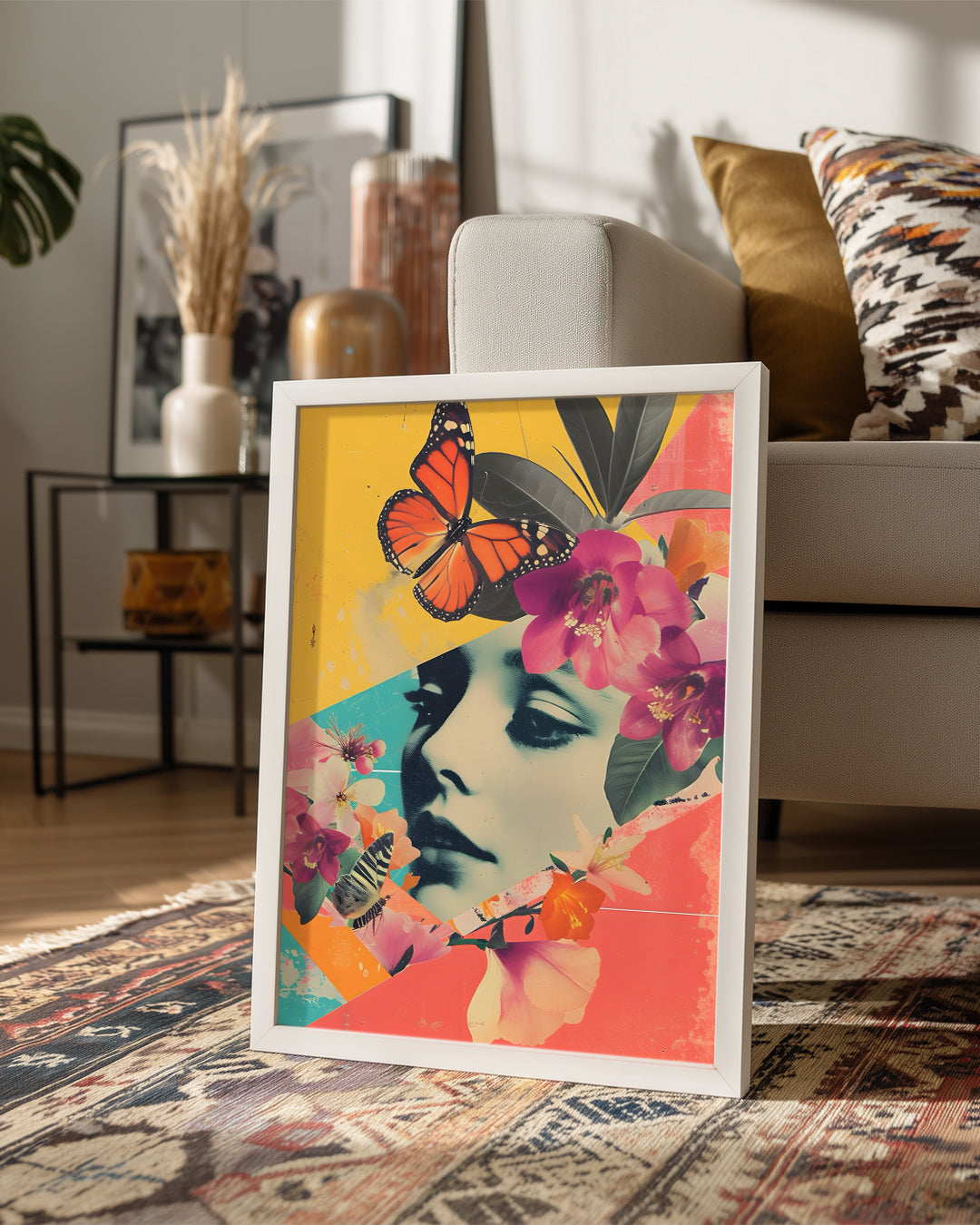 Kadın Yüzü - Renkli Çiçekler Ve Kelebeklerle Süslenmiş Sanat Eseri Poster Tablosu