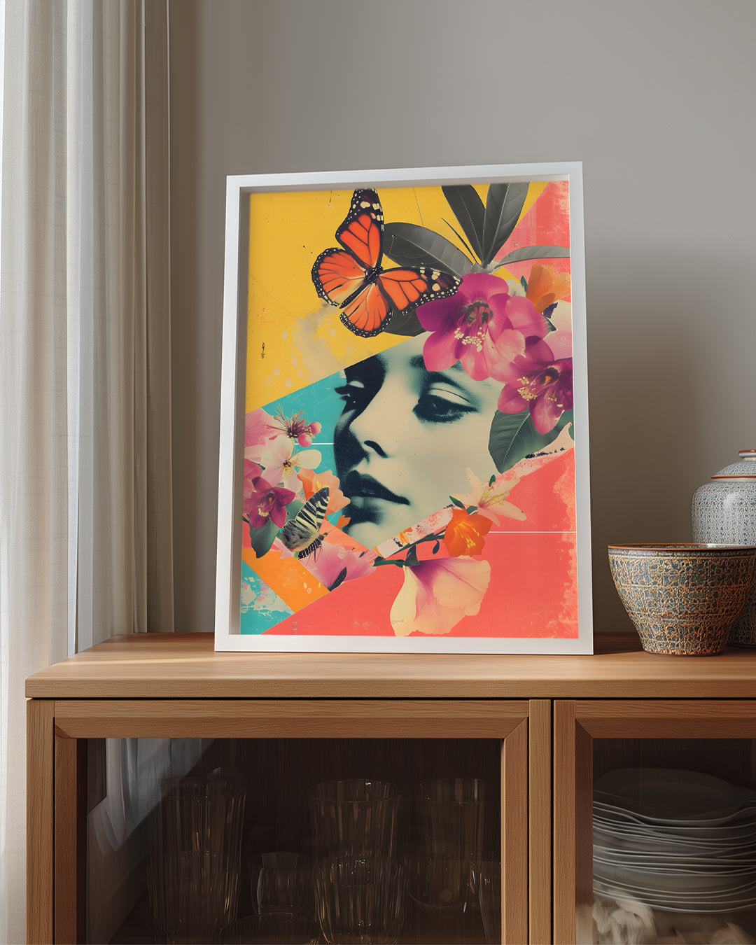 Kadın Yüzü - Renkli Çiçekler Ve Kelebeklerle Süslenmiş Sanat Eseri Poster Tablosu