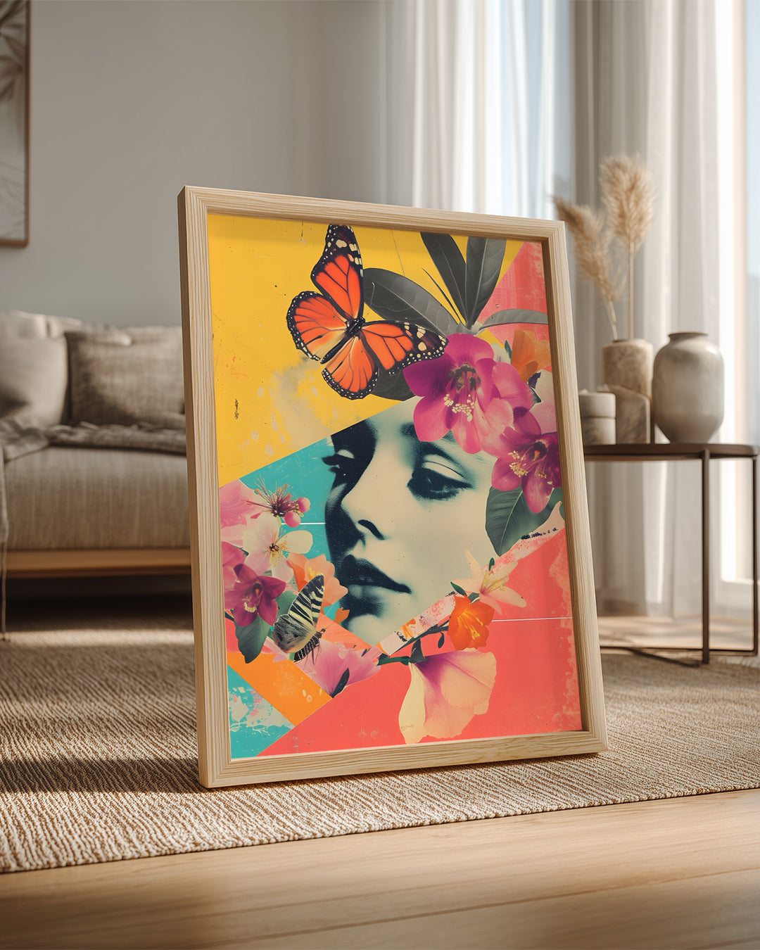 Kadın Yüzü - Renkli Çiçekler Ve Kelebeklerle Süslenmiş Sanat Eseri Poster Tablosu