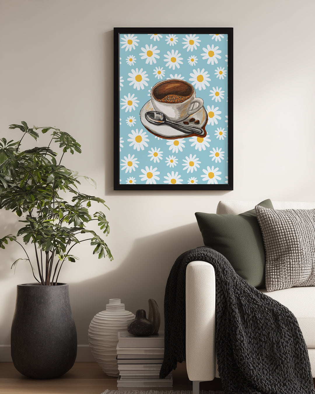 Kahve Keyfi - Papatya Desenli Arka Plan Poster Tablosu