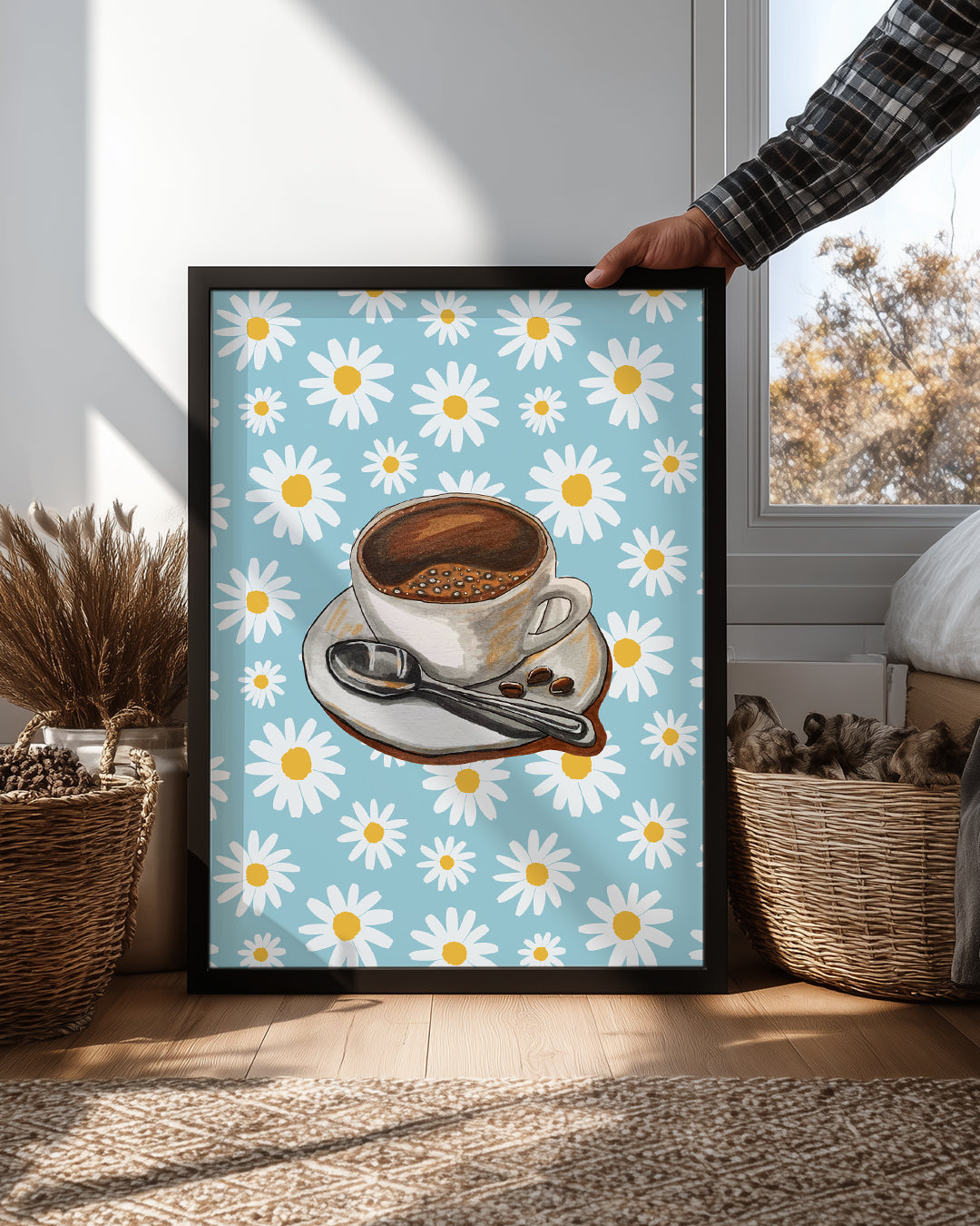 Kahve Keyfi - Papatya Desenli Arka Plan Poster Tablosu