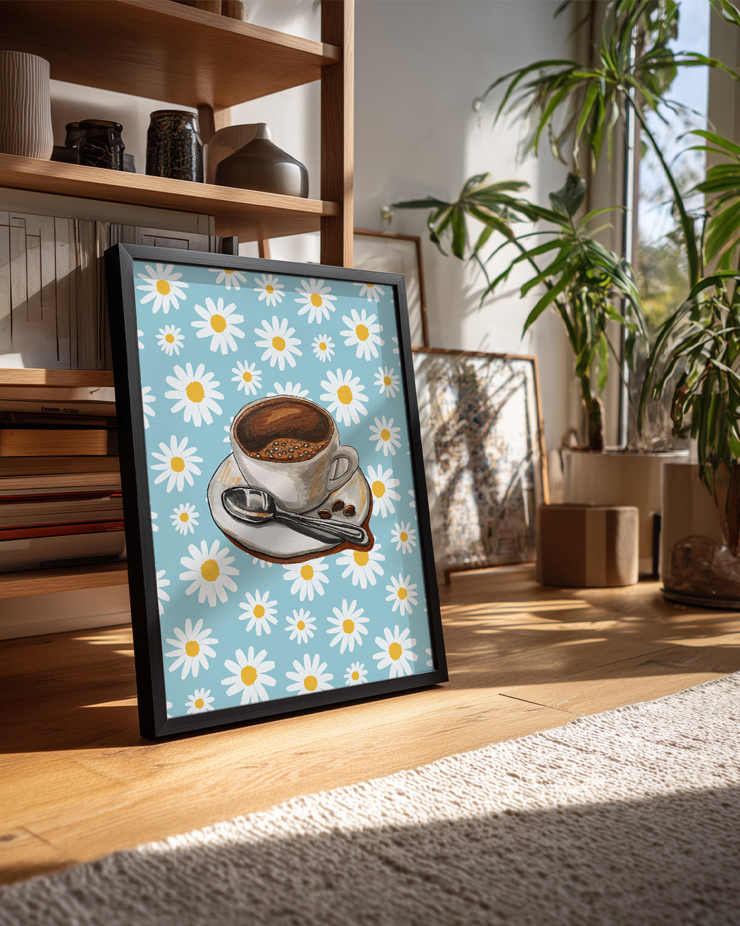 Kahve Keyfi - Papatya Desenli Arka Plan Poster Tablosu