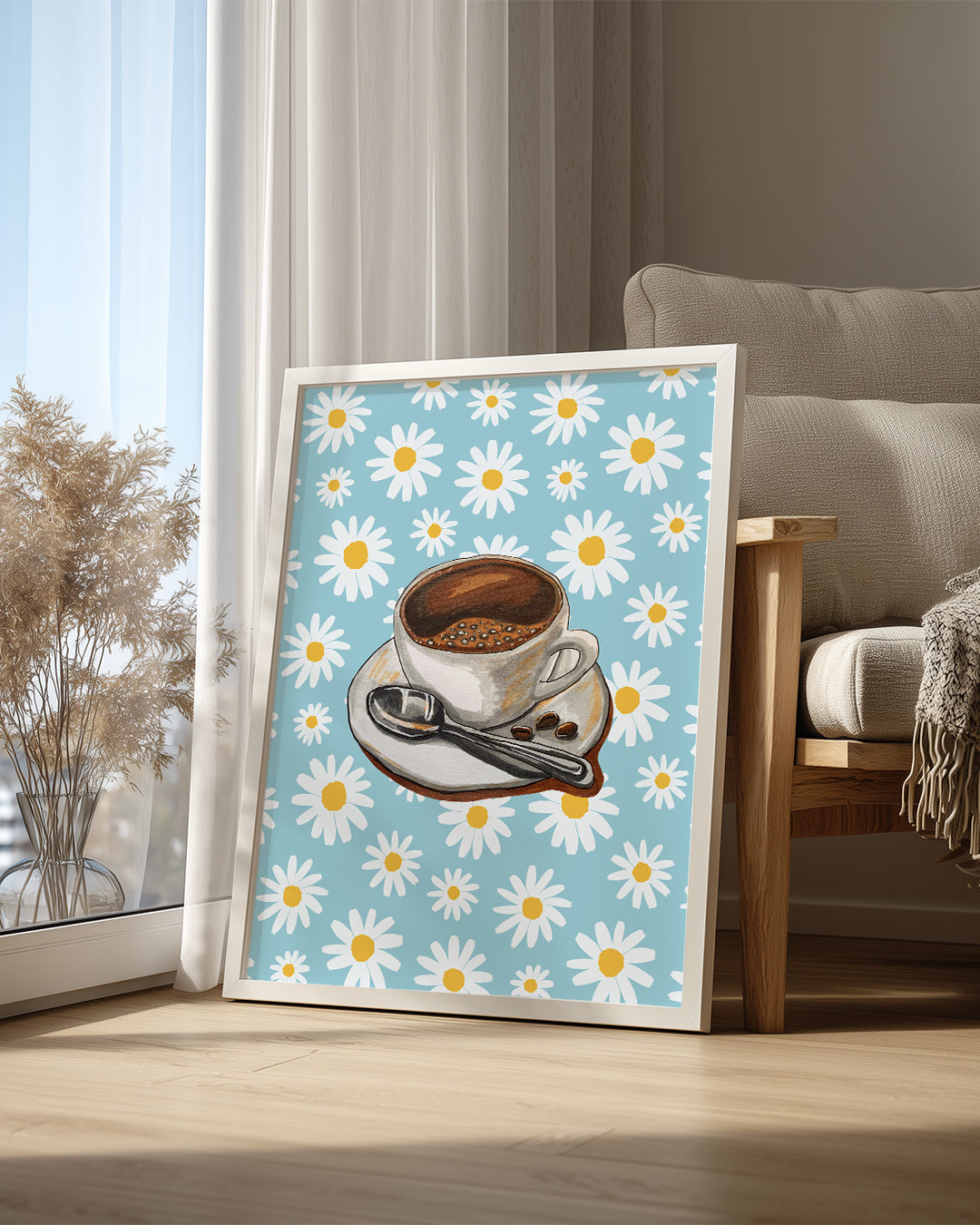 Kahve Keyfi - Papatya Desenli Arka Plan Poster Tablosu