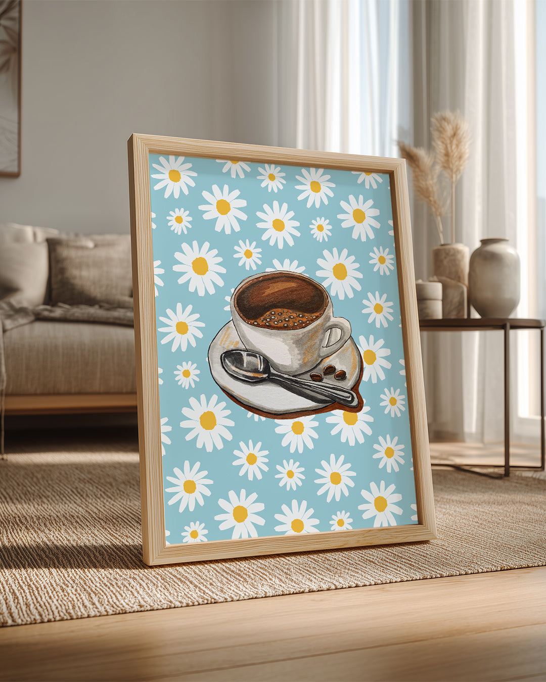 Kahve Keyfi - Papatya Desenli Arka Plan Poster Tablosu