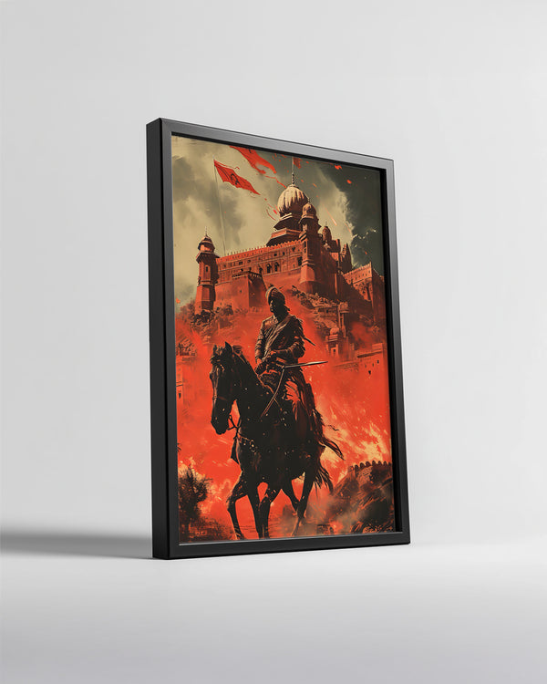 Kale Önünde Savaşçı - Ateşli Manzara ile Epik Sahne Poster Tablosu