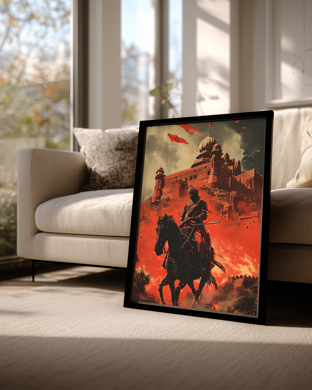 Kale Önünde Savaşçı - Ateşli Manzara ile Epik Sahne Poster Tablosu