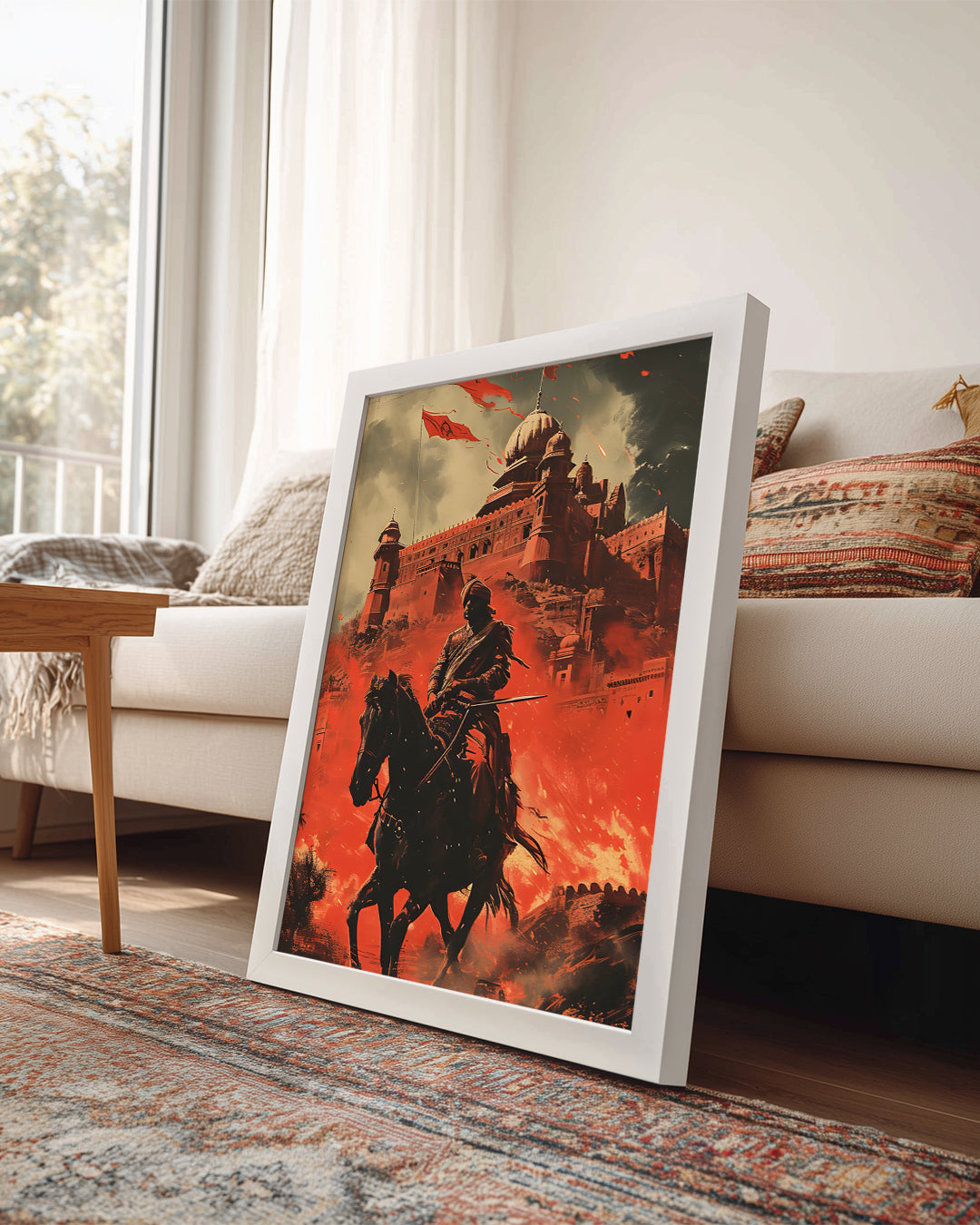 Kale Önünde Savaşçı - Ateşli Manzara ile Epik Sahne Poster Tablosu