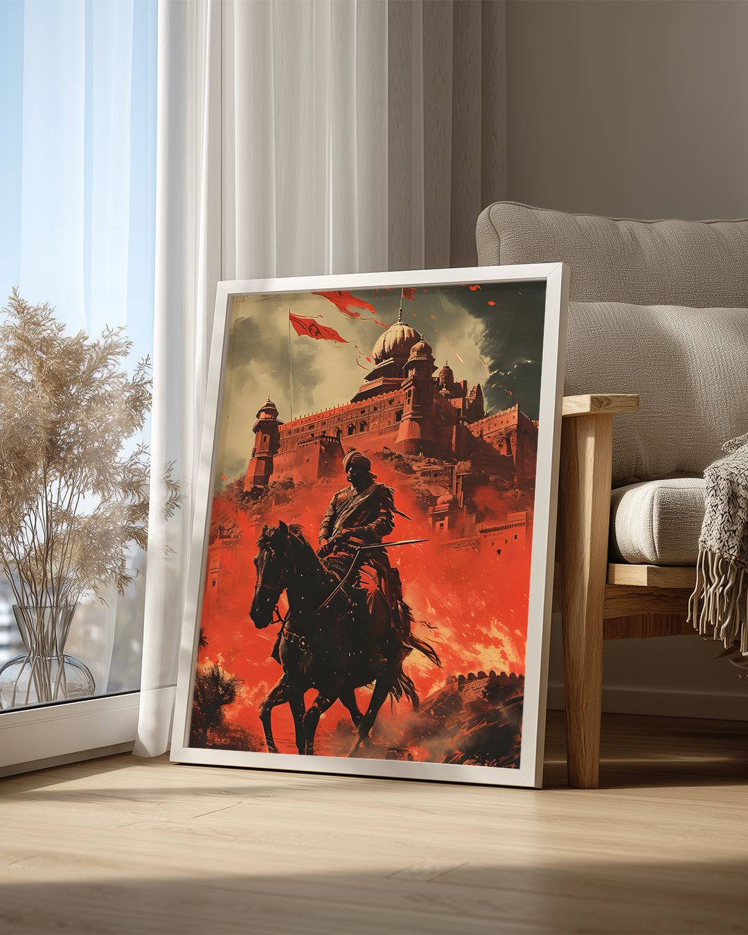 Kale Önünde Savaşçı - Ateşli Manzara ile Epik Sahne Poster Tablosu