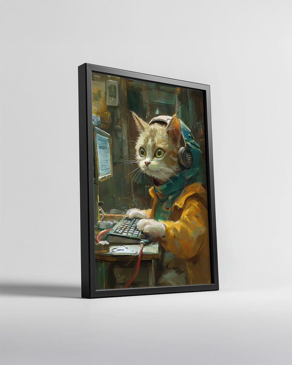 Kedi - Bilgisayar Başında Çalışan Poster Tablosu