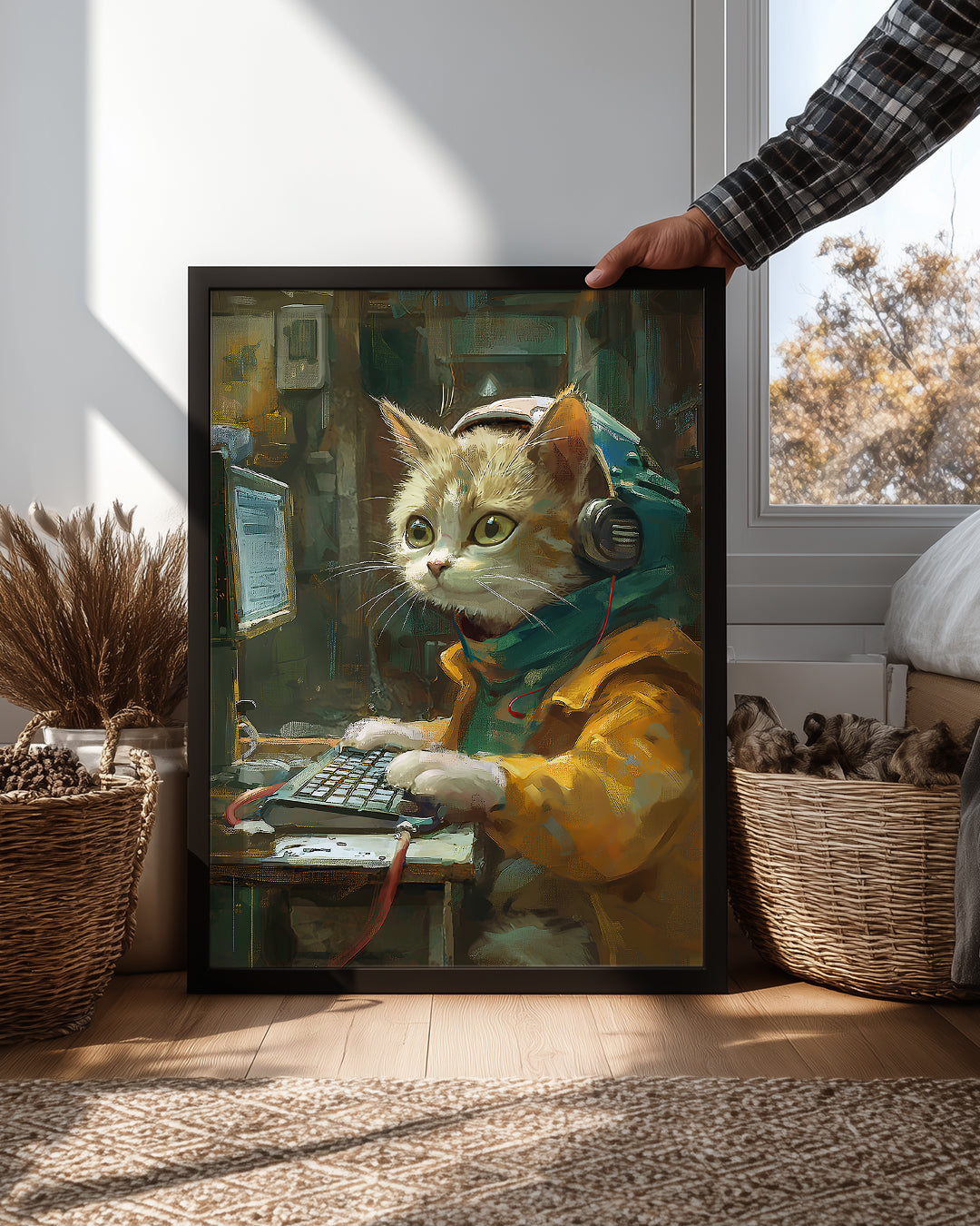 Kedi - Bilgisayar Başında Çalışan Poster Tablosu