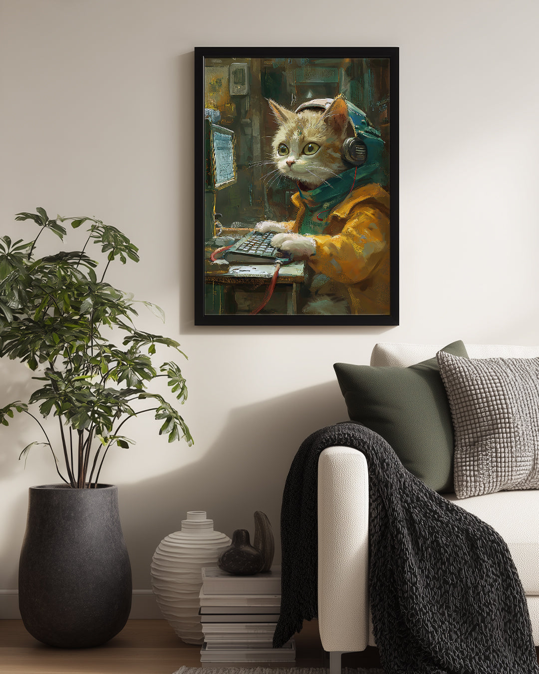 Kedi - Bilgisayar Başında Çalışan Poster Tablosu