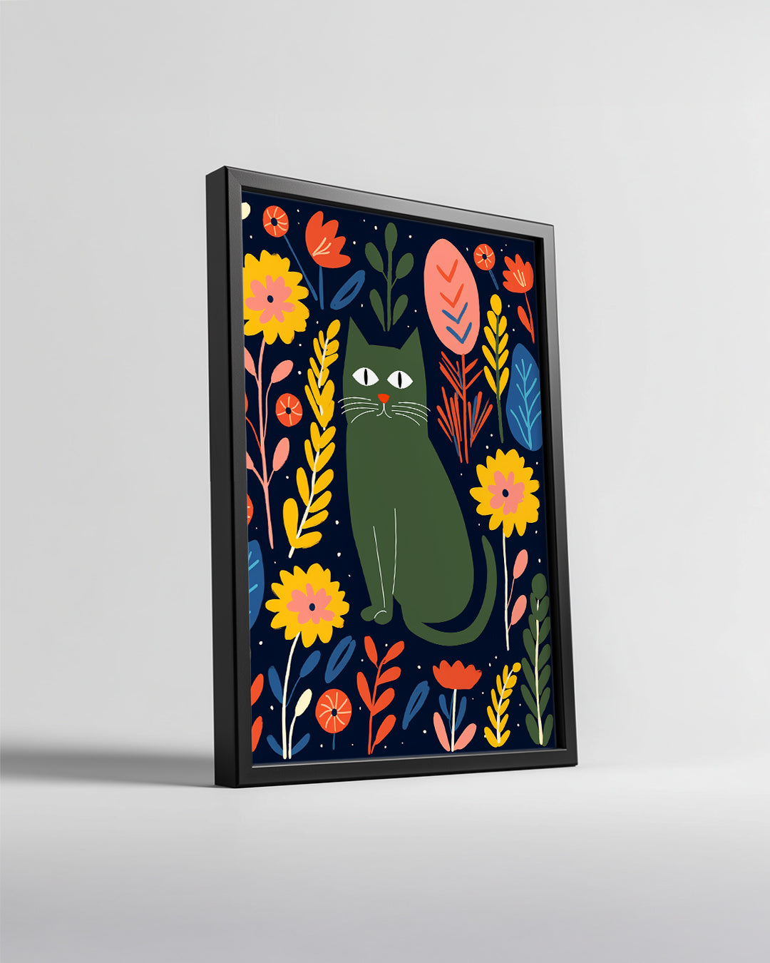Kedi - Çiçekli Arka Plan Poster Tablosu