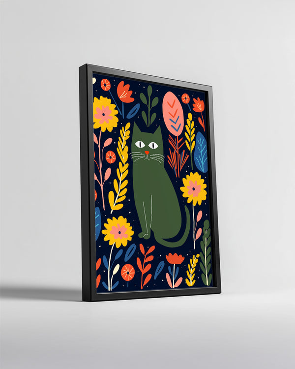 Kedi - Çiçekli Arka Plan Poster Tablosu
