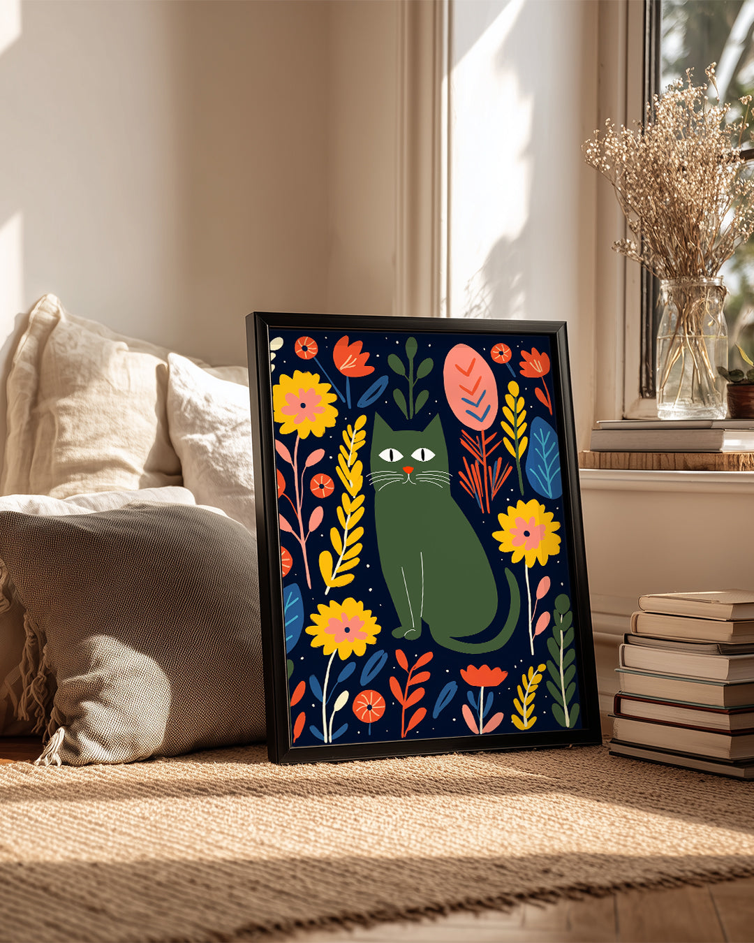 Kedi - Çiçekli Arka Plan Poster Tablosu