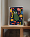 Kedi - Çiçekli Arka Plan Poster Tablosu