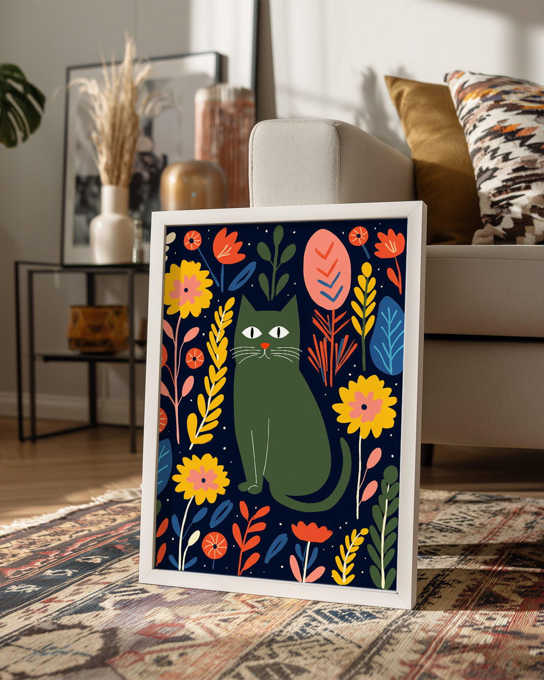 Kedi - Çiçekli Arka Plan Poster Tablosu