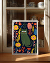 Kedi - Çiçekli Arka Plan Poster Tablosu