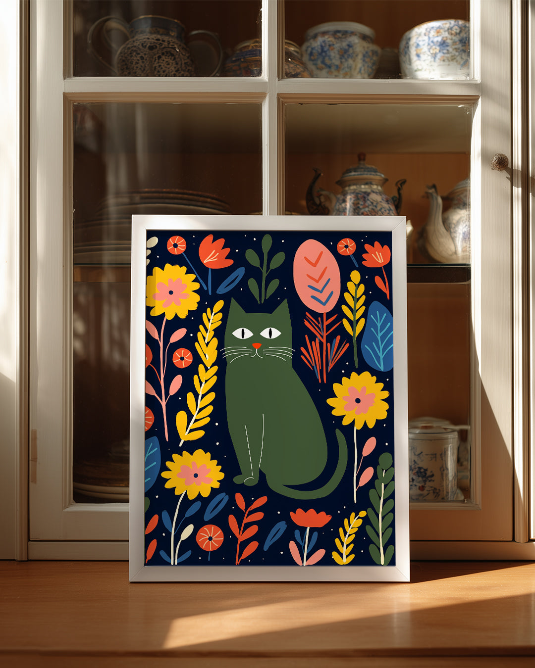 Kedi - Çiçekli Arka Plan Poster Tablosu