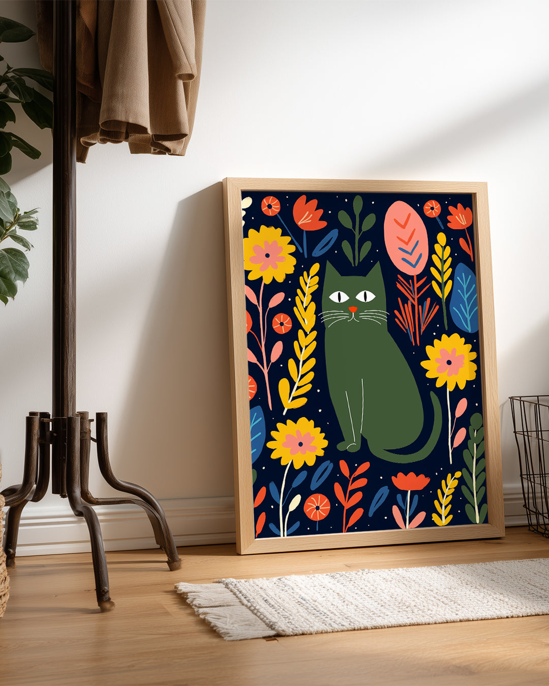 Kedi - Çiçekli Arka Plan Poster Tablosu