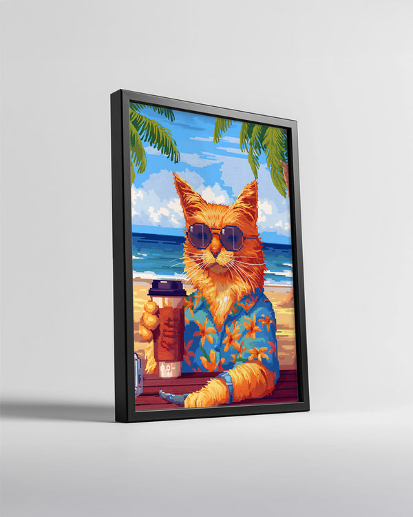 Kedi - Güneşli Plajda Oturan Şık Kedi Poster Tablosu