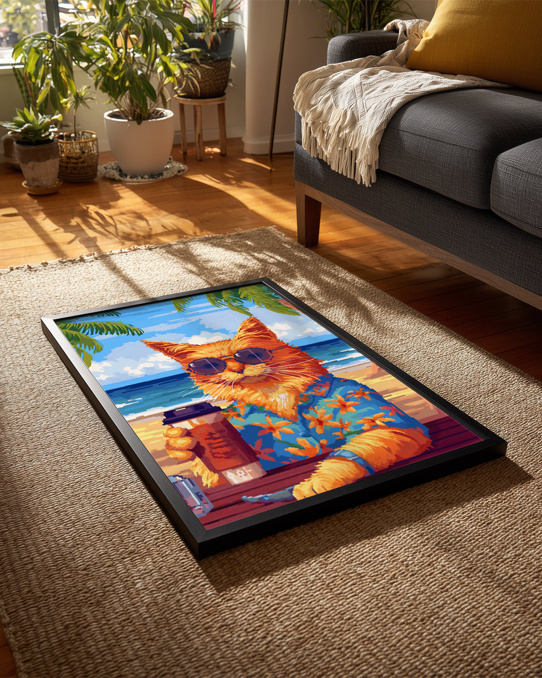 Kedi - Güneşli Plajda Oturan Şık Kedi Poster Tablosu
