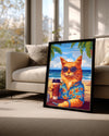Kedi - Güneşli Plajda Oturan Şık Kedi Poster Tablosu