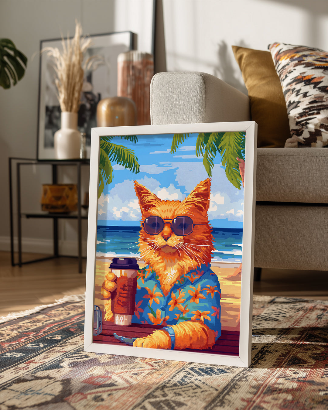 Kedi - Güneşli Plajda Oturan Şık Kedi Poster Tablosu