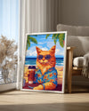 Kedi - Güneşli Plajda Oturan Şık Kedi Poster Tablosu