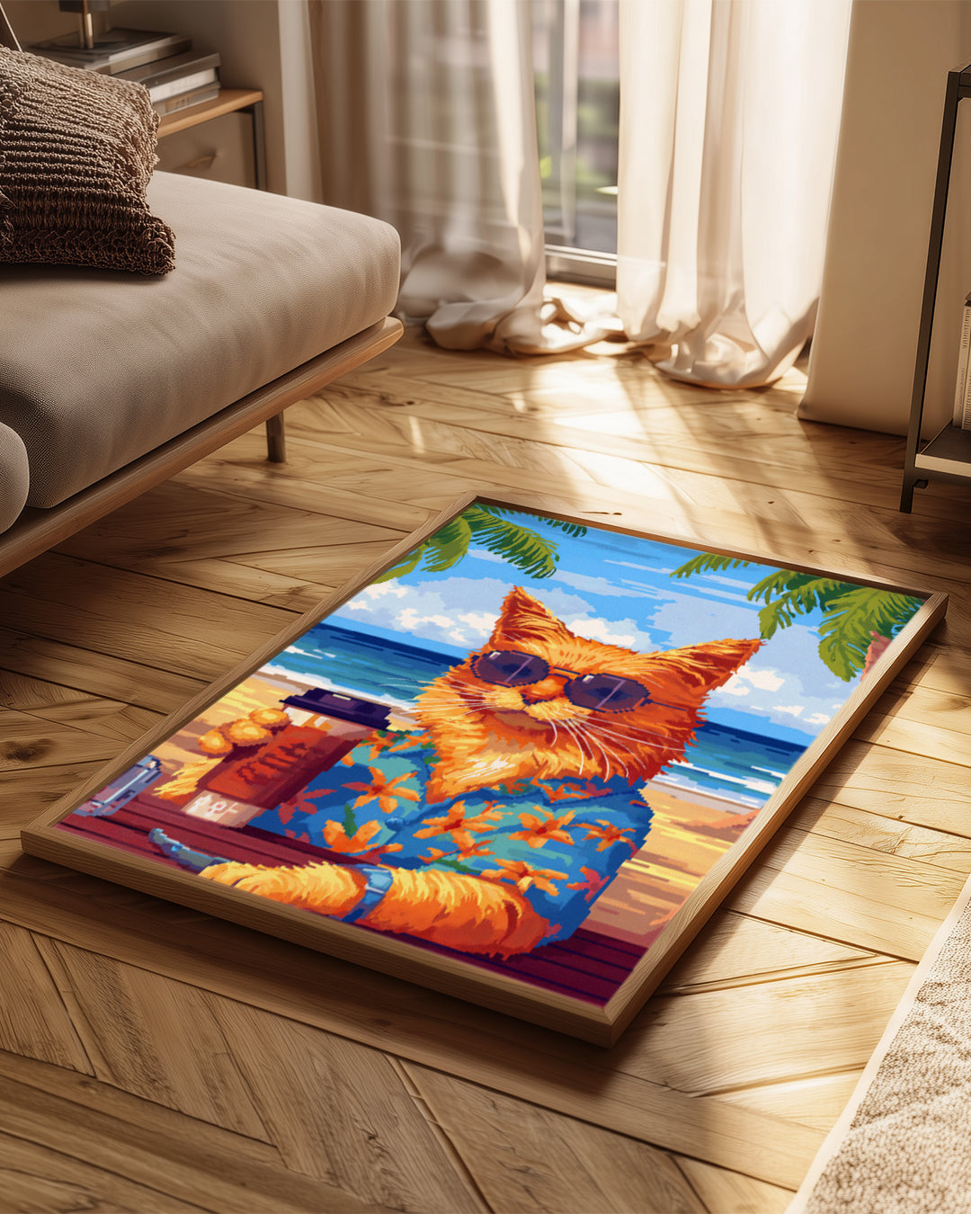 Kedi - Güneşli Plajda Oturan Şık Kedi Poster Tablosu
