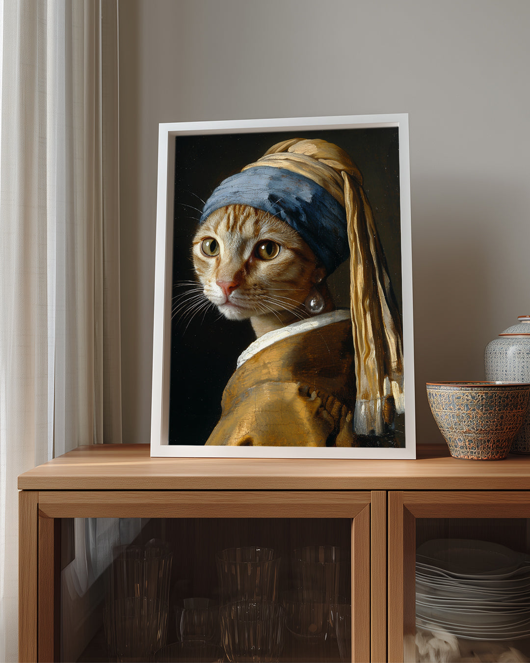 Kedi - İnci Küpe Deseni Poster Tablosu