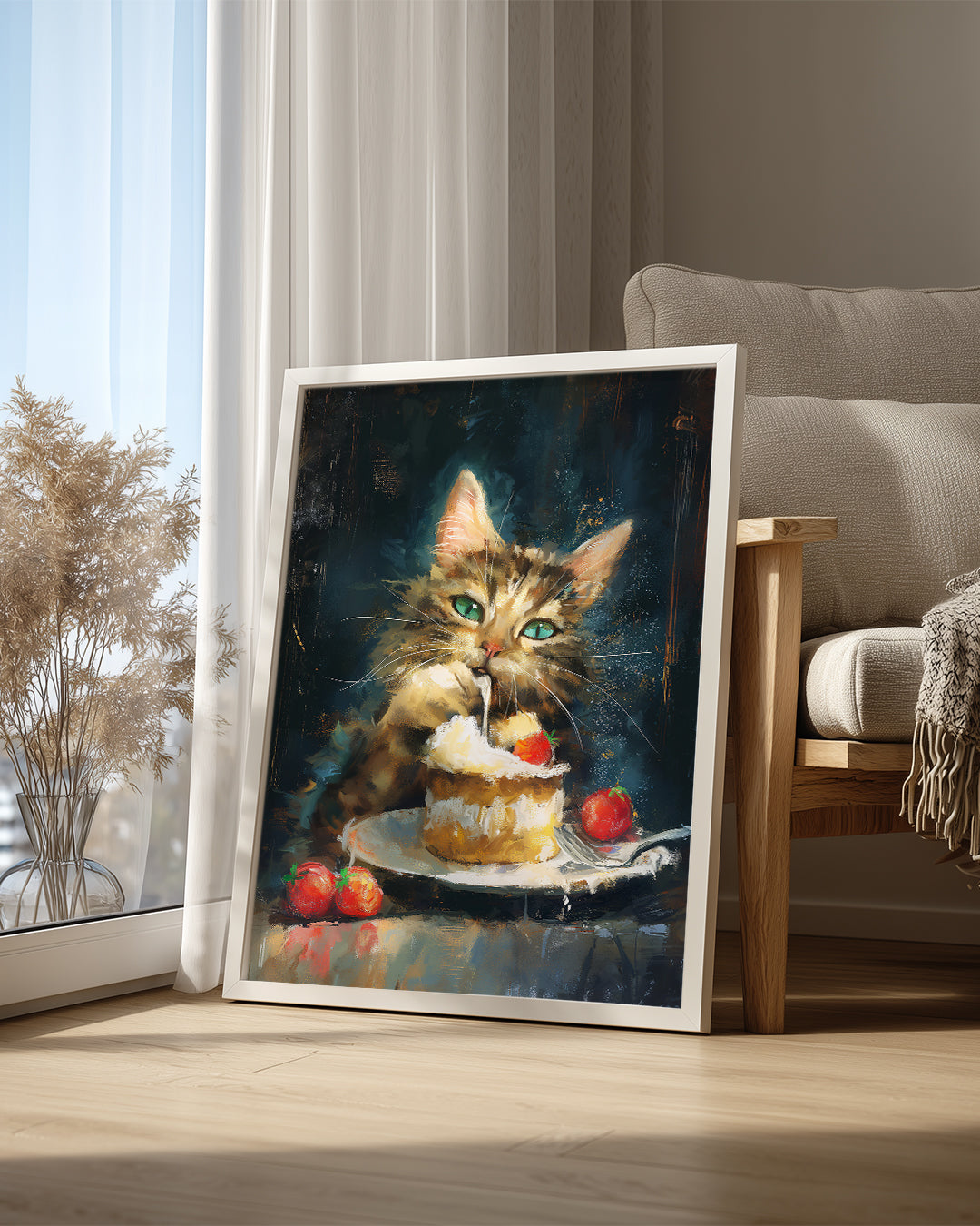 Kedi - Krema Ve Çilek İle Oyun Poster Tablosu