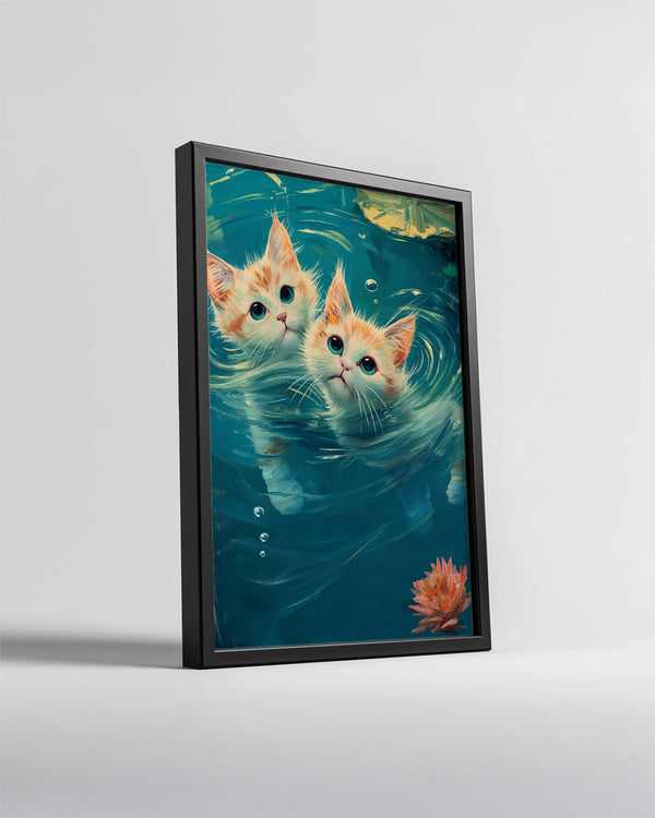 Kedi - Su Üstünde Oynayan İki Yavru Kedi Poster Tablosu
