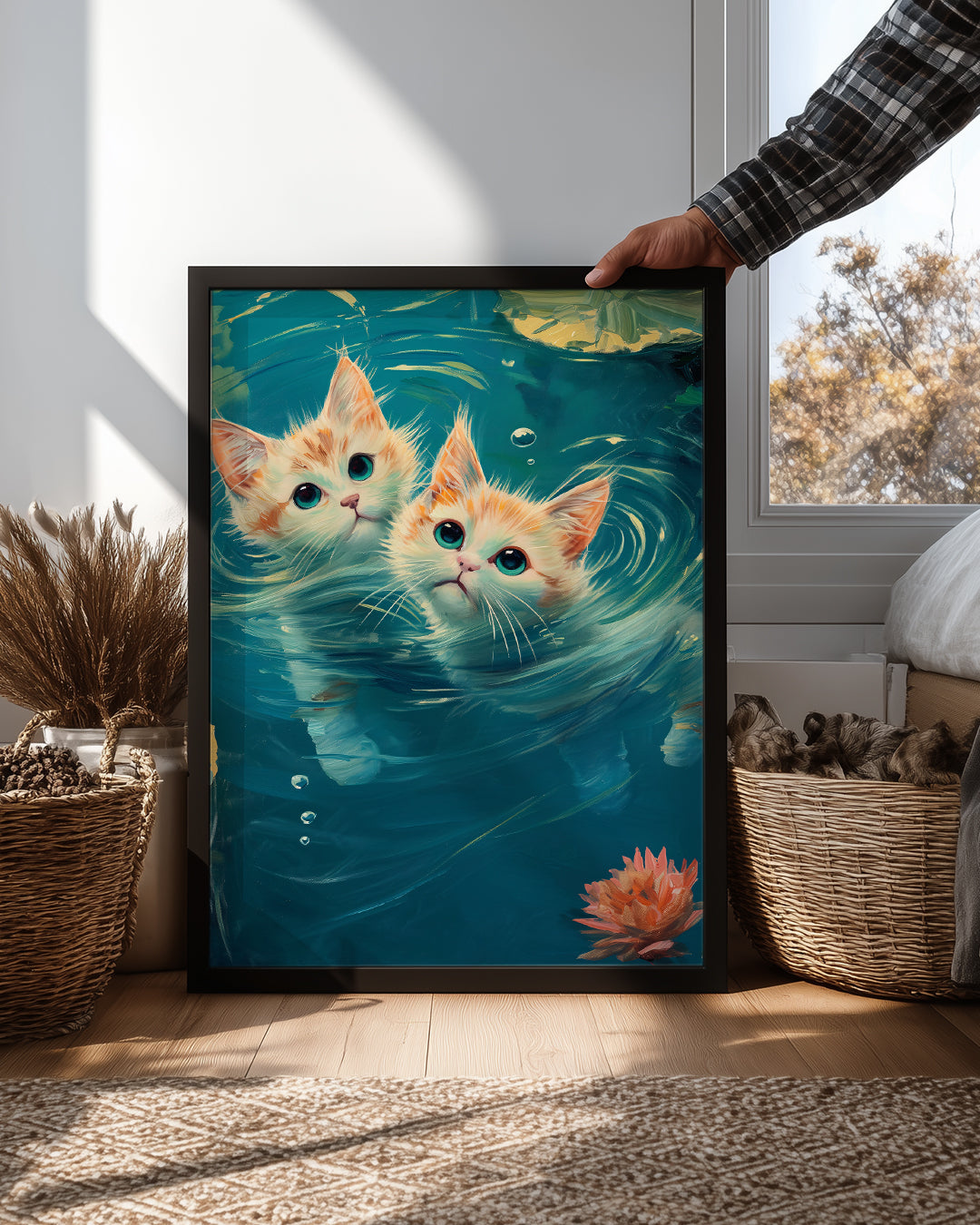 Kedi - Su Üstünde Oynayan İki Yavru Kedi Poster Tablosu
