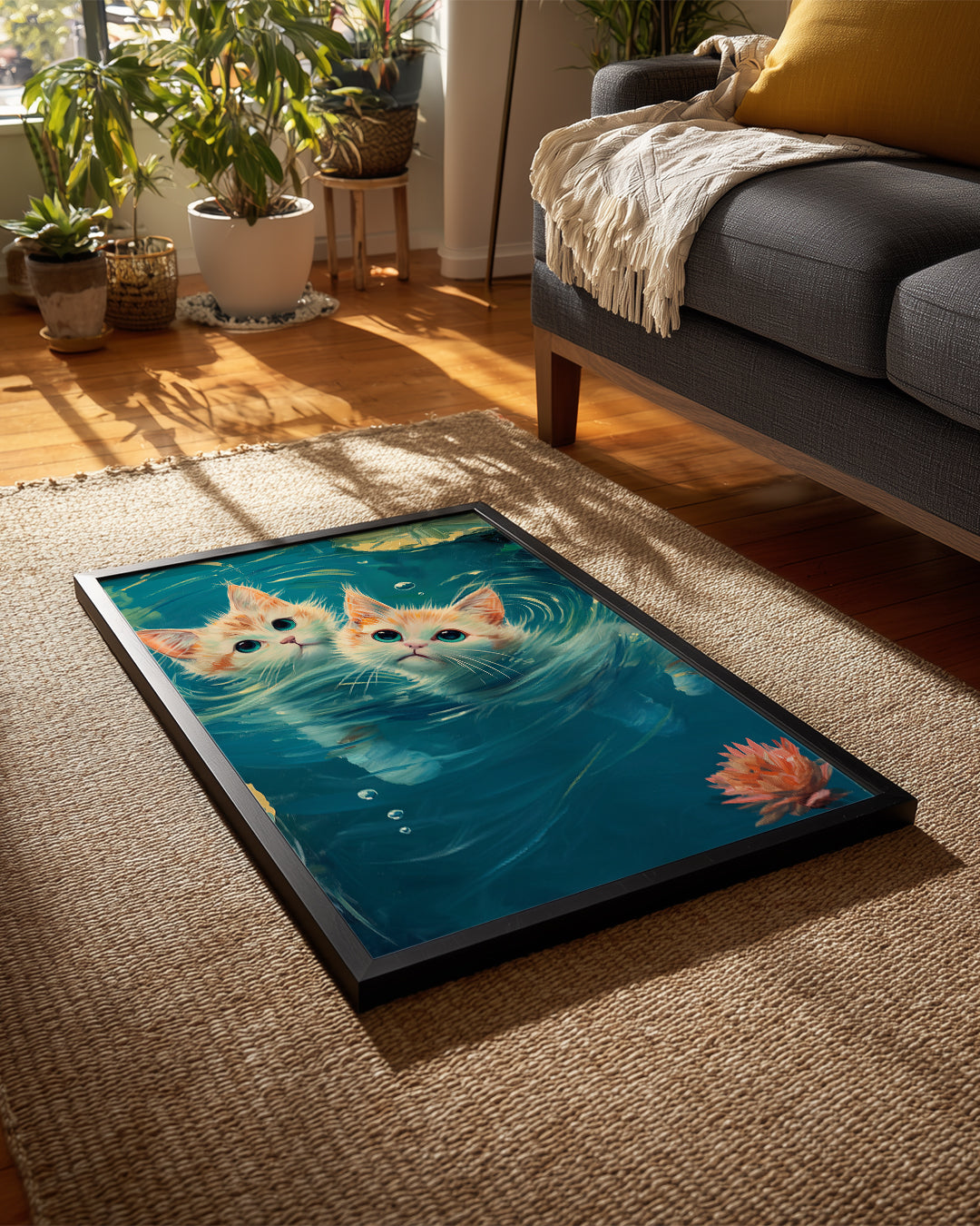 Kedi - Su Üstünde Oynayan İki Yavru Kedi Poster Tablosu