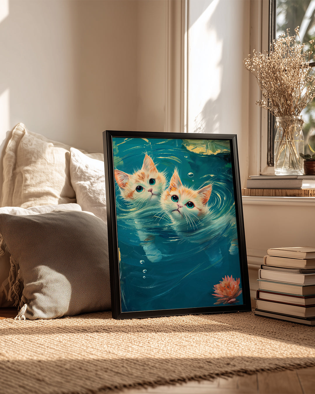 Kedi - Su Üstünde Oynayan İki Yavru Kedi Poster Tablosu