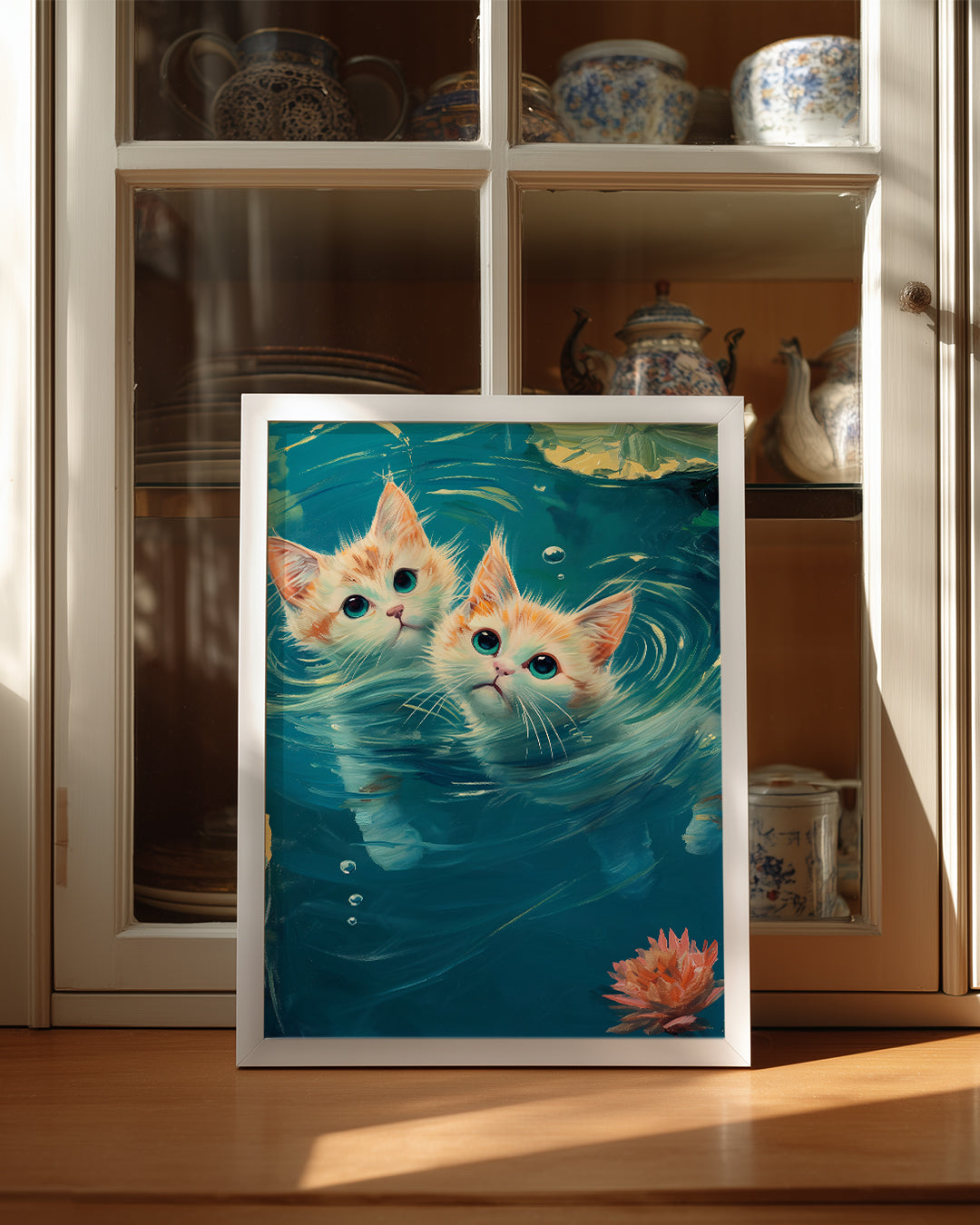 Kedi - Su Üstünde Oynayan İki Yavru Kedi Poster Tablosu