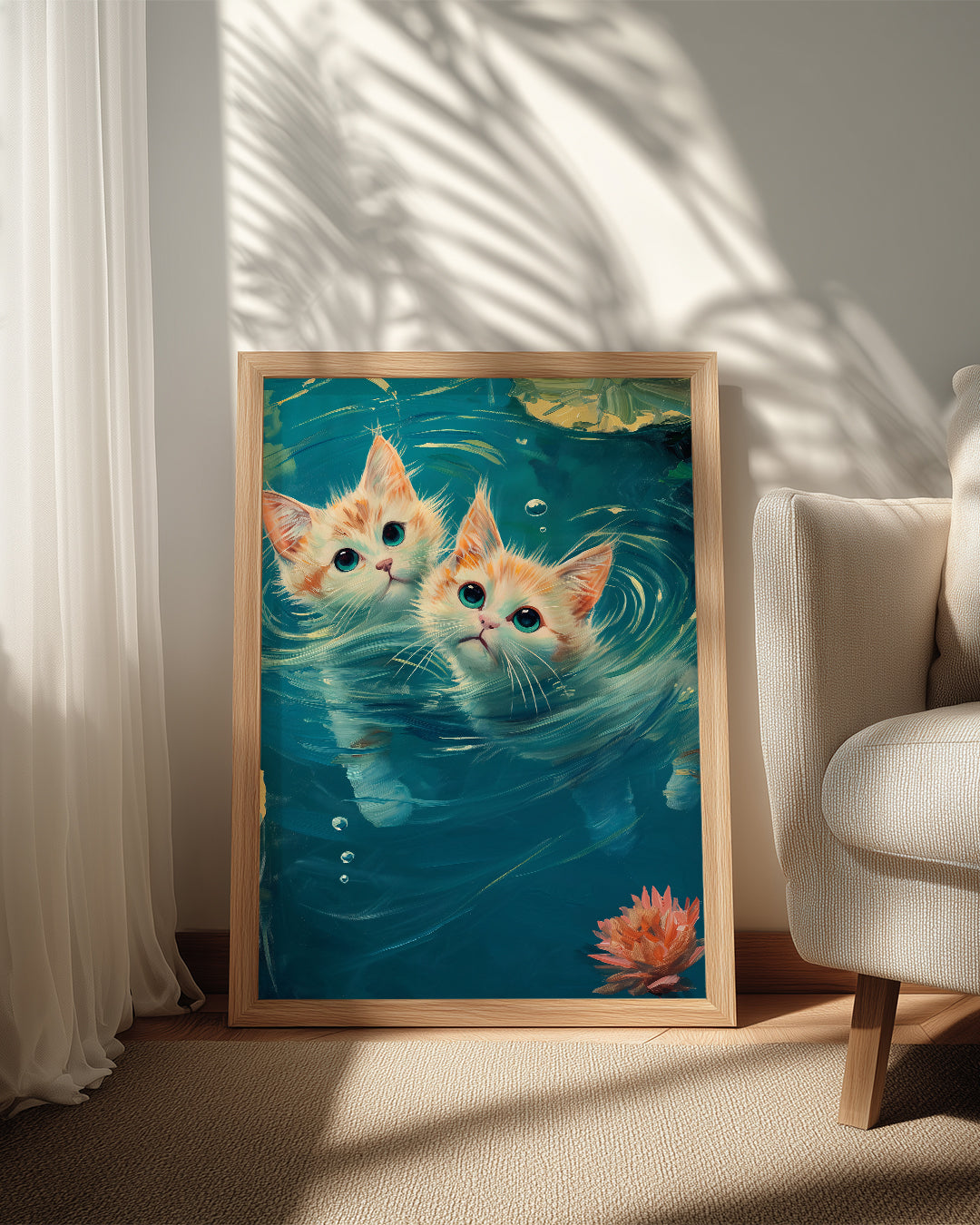 Kedi - Su Üstünde Oynayan İki Yavru Kedi Poster Tablosu