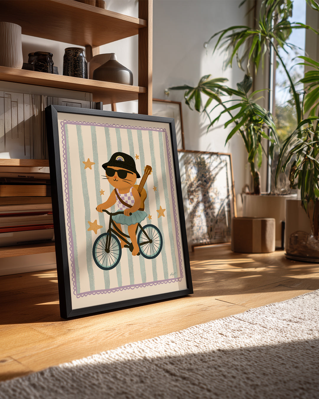 Kedi Bisiklet Sürüyor - Eğlenceli Yaz Temalı İllüstrasyon Poster Tablosu