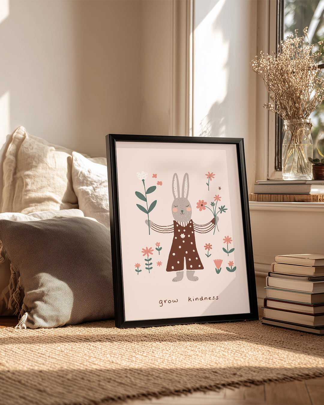 Kedi Çiçek Süslemesi - Sevgi Dolu Tavşan İllüstrasyonu Poster Tablosu